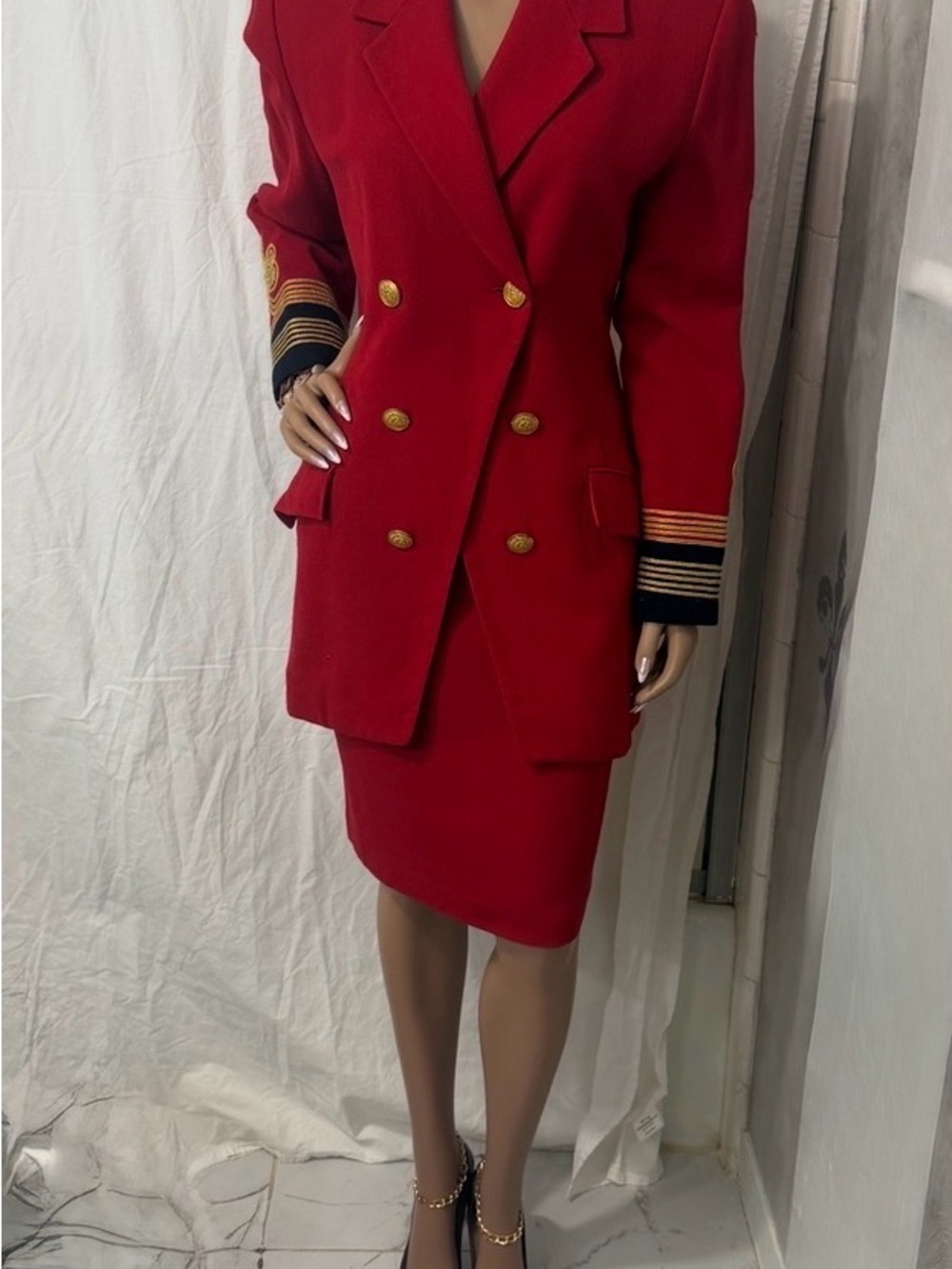 Womens Red Double-Breasted Blazer with Gold Button & Trim☑️ - Picture 6 of 15